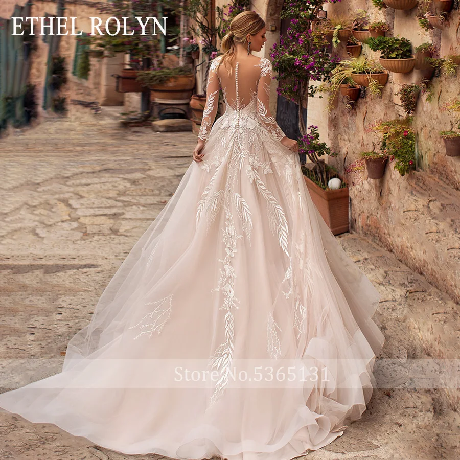 ETHEL ROLYN V-neckline Sexy Backless Romantic Princess Wedding Dress Long Sleeve Tulle Appliques Wedding Gowns vestido de novia