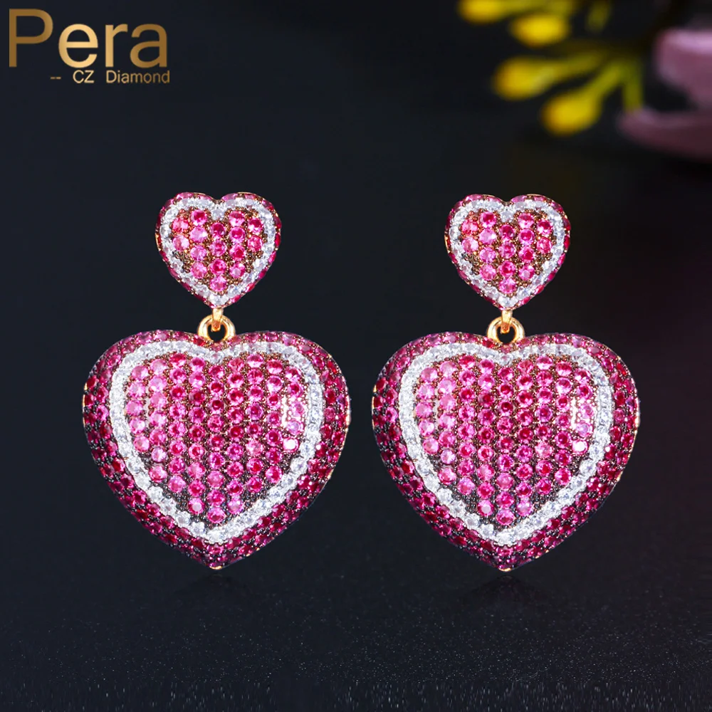 

Pera Romantic Hot Pink Cubic Zirconia Dangle Big Love Heart Shape Drop Earrings for Lover Wedding Anniversary Jewelry Gift E658