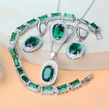 

925 Sterling Silver Jewelry Sets Green Zirconia Bridal Costume Women Wedding Stone Earrings Bracelet Pendant Ring Necklace Set