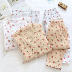 Spring and Summer New Japanese Kimono Two-piece Ladies Pajamas Three-quarter Sleeve Trousers with Casual Floral Home Service Set