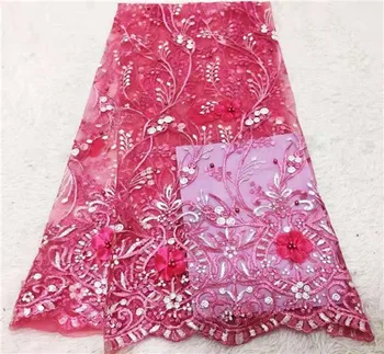 

2019 Latest African Net Lace Fabric, High Quality 3d Sequins Nigerian Wedding Lace Fabrics 5Yards Sequins French Tulle lace pink