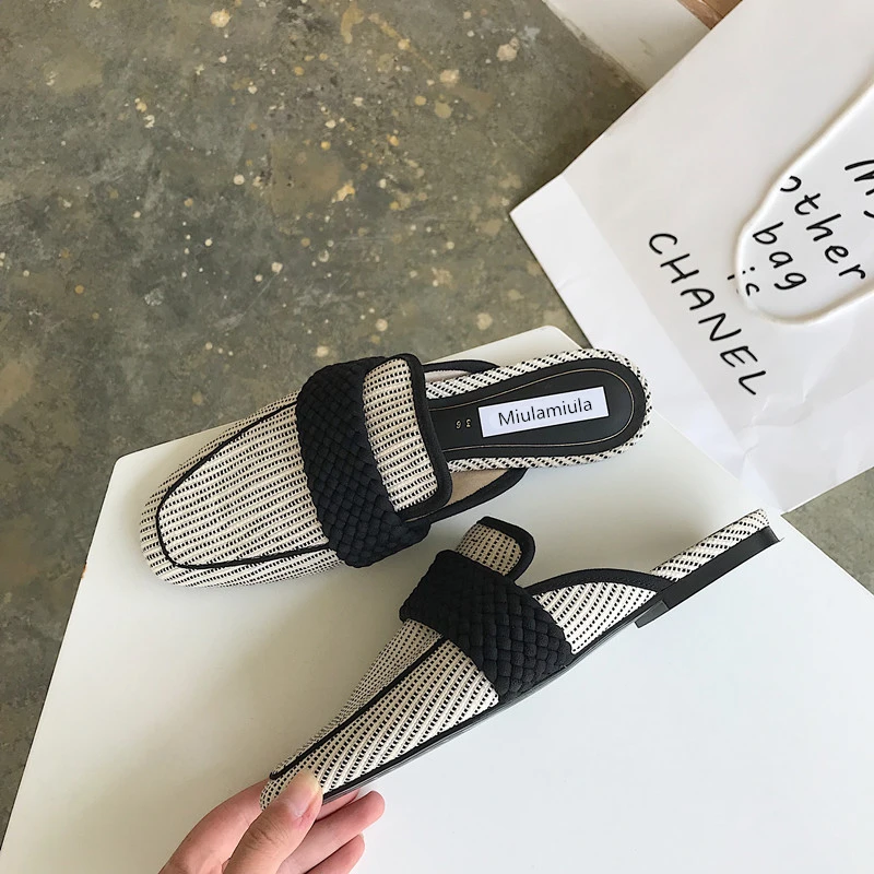

MIULAMIULA Brand Designer 2019 Autumn New Fashion Luxury Black Striped Flat Slippers Slip On Loafers Mules Flip Flops size 35-41