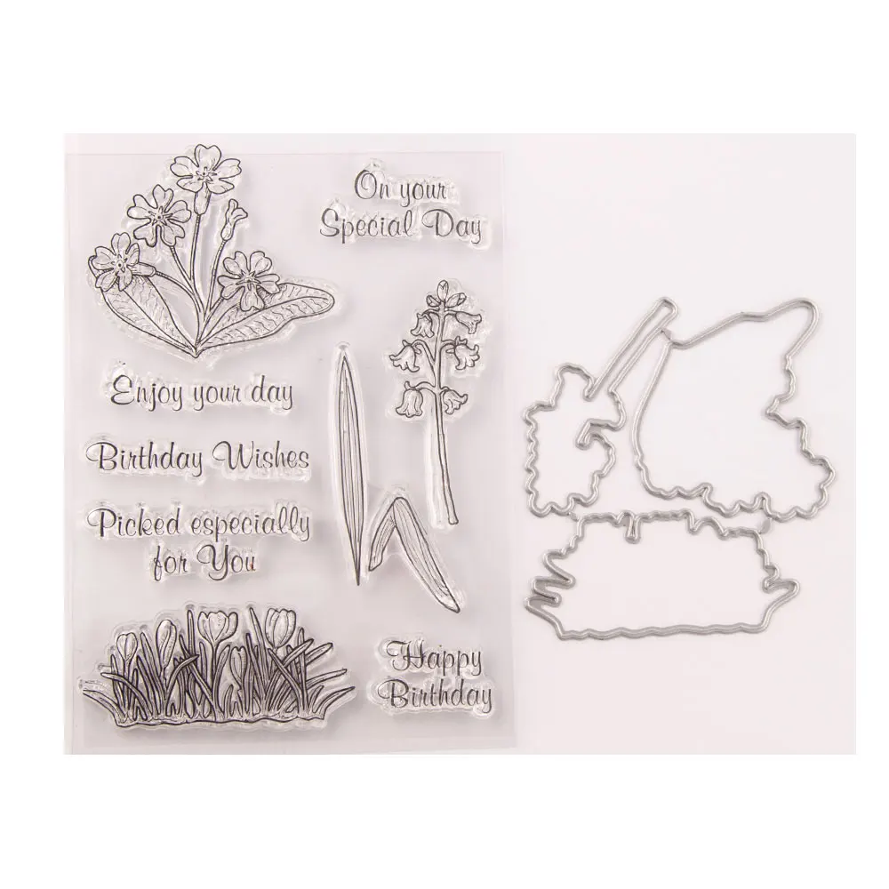 

Happy Birthday Cutting Dies and Clear Stamps for Scrapbooking DIY Crafts flowers Die Cut Stencils Card Make Photo Album Decor