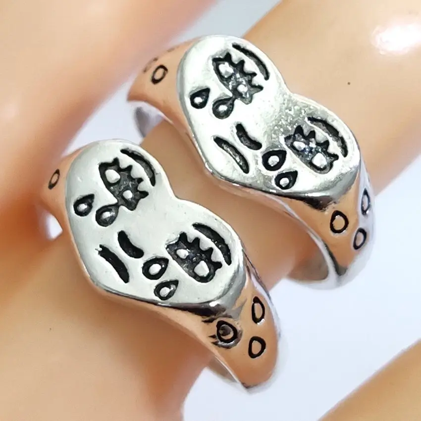 30pcs Vintage Silver Plated Crying Face Adjustable Ring Women's Tears Open Rings Heart Shape Female Girls Accessories 2