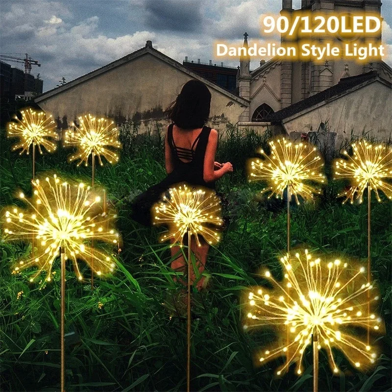 Solar Powered Outdoor Grass Globe Dandelion Fireworks Lamp Flash String 90 /120/150 LED For Garden Lawn Landscape Holiday Light - Image 2