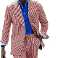 

2Pcs Thin Pure Soft Pink Striped Seersucker Men's Suits Jacket Pants Wedding Formal Double-breasted Party Wear Blazer Trousers
