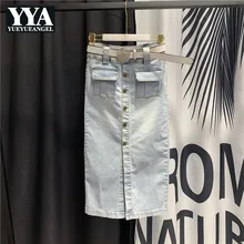 Высокая талия однобортные карманы женские джинсовые юбки евро Лето Новые средней длины модные повседневные Большие размеры Женский широкий шарф юбки