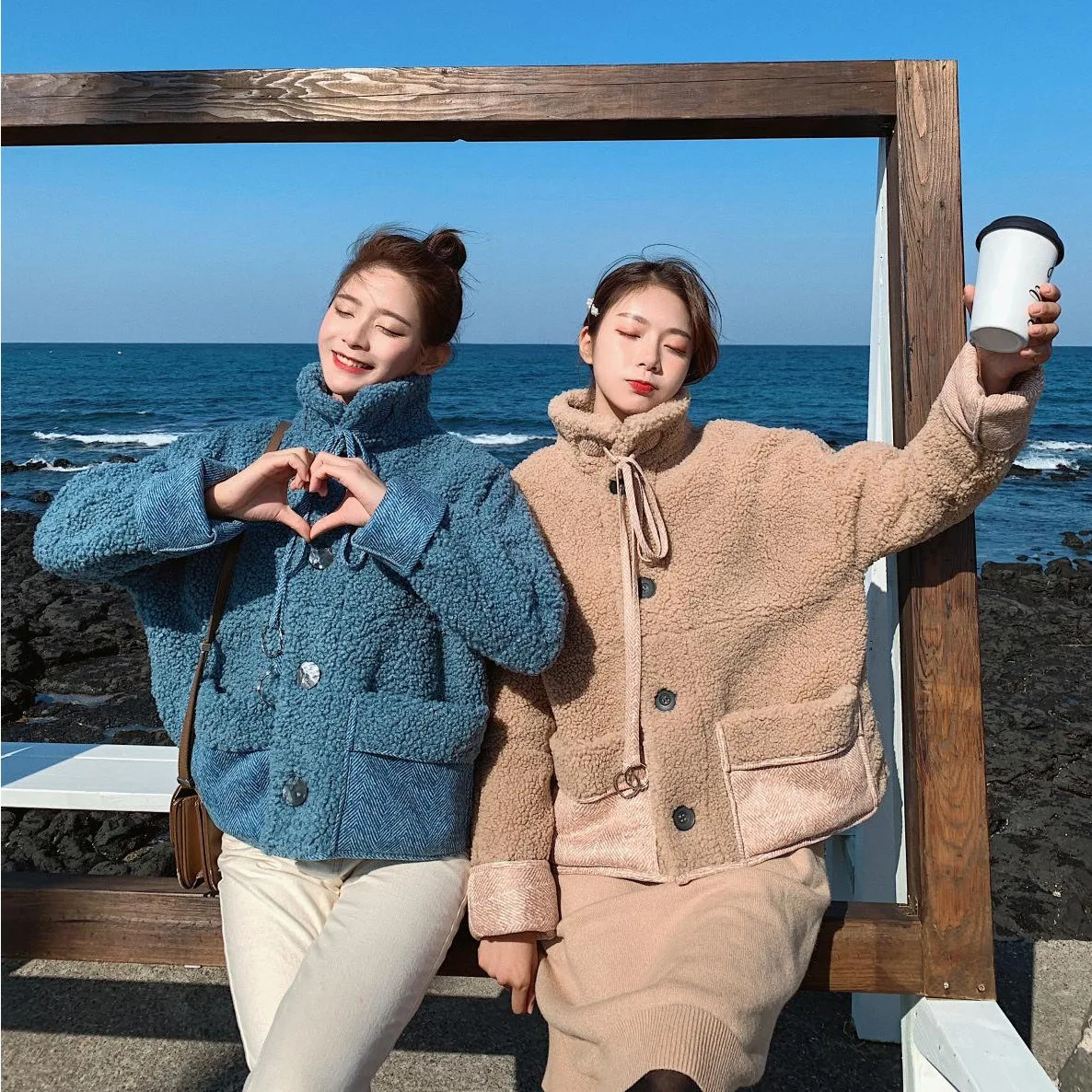 

2019 Chic Korean-style Short Loose-Fit Lambs Wool Thick Stand Collar Lace-up Best Friend-Cotton Overcoat Women's Winter Fashion