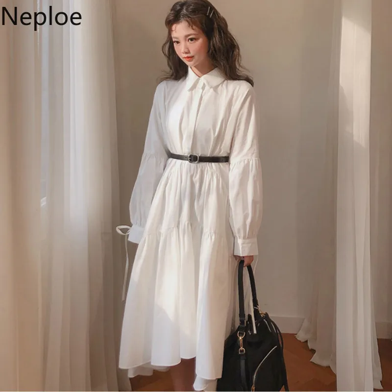 Tanie Neploe w koreańskim stylu szykowny kobiety sukienka lato 2020 Retro skręcić w dół kołnierz z długim rękawem Vestidos luźne sznurkiem sukienki w jednolitym kolorze 44572