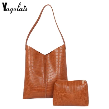 

Retro Women Bags Sets 2Pcs Crocodile pattern Leather Shoulder Bag High capacity Bucket bag Clutch Luxury Handbags Women Sac