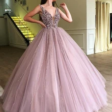 Розовое Бальное платье с глубоким вырезом без рукавов для выпускного вечера, платье принцессы длиной до пола, Тюлевое платье с аппликацией, кружевное платье для выпускного вечера с кристаллами и бисером