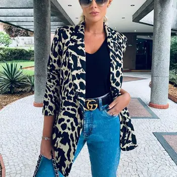 

Autumn Winter Women Coat V-neck OL Long Sleeve Leopard Printed Single Button Slim Fit Coat Blazer Outwear Top