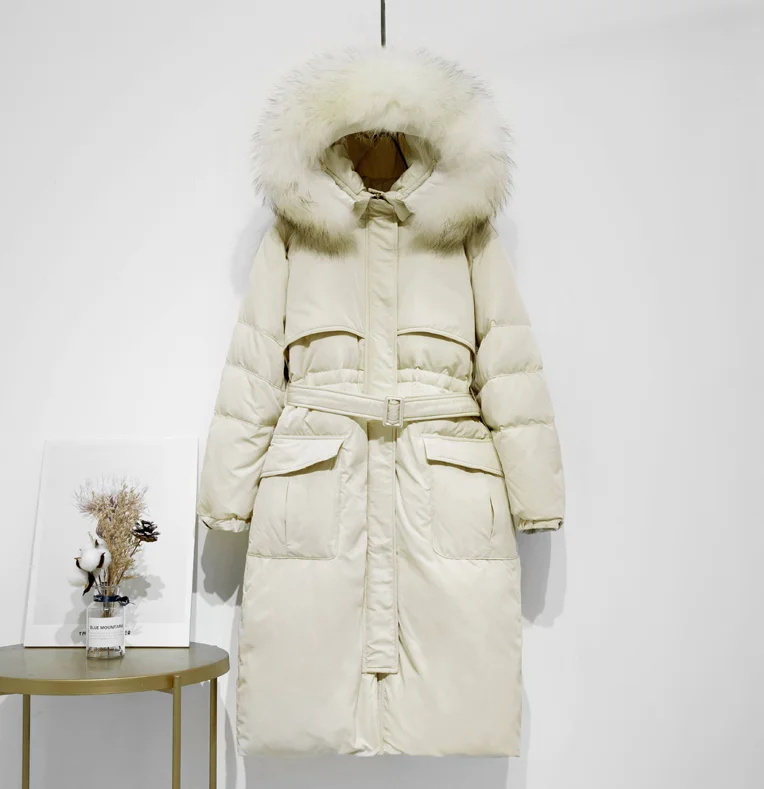off white Зимняя куртка женская белая куртка на утином пуху природный натуральный мех зимняя верхняя одежда с капюшоном изящное длинное пальто толстая теплая пуховая парка - Цвет: off white