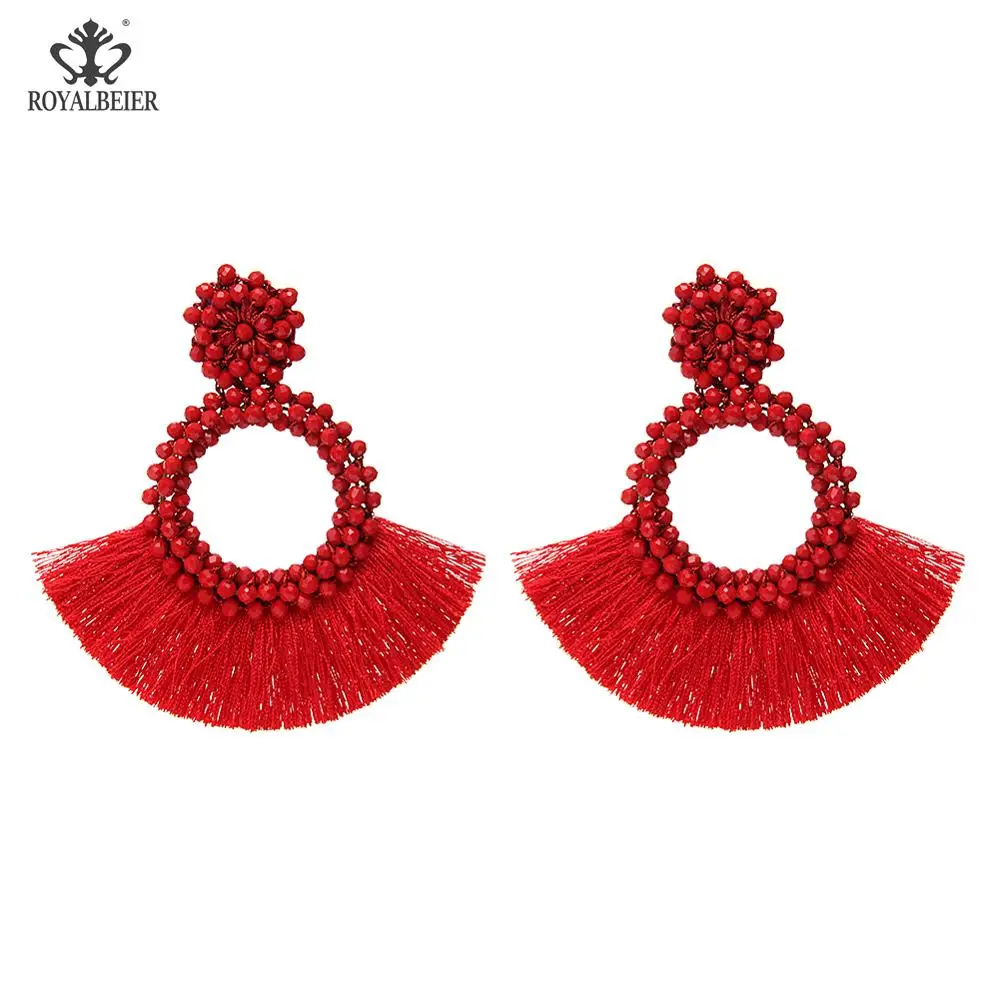 Red beaded 0697f Рождественские серьги в богемном стиле, модные необычные серьги с бахромой, красные длинные серьги с кисточками, женские массивные ювелирные изделия, подарок - Окраска металла: Red beaded 0697f
