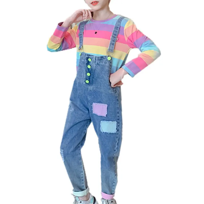 

Kids Girls Clothes Sets Rainbow T-shirts + Denim Jumpsuit 2PCS Children's Clothing Teenage Clothes For Girls 6 8 10 12 13 Years