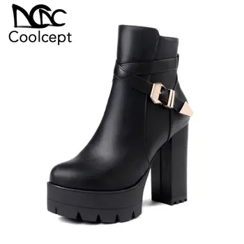 

Coolcept Ankle Boots For Woman Zipper Platform Square High Heels Shoes Fashion Buckle Winter Warm Women Footwear Size 33-43