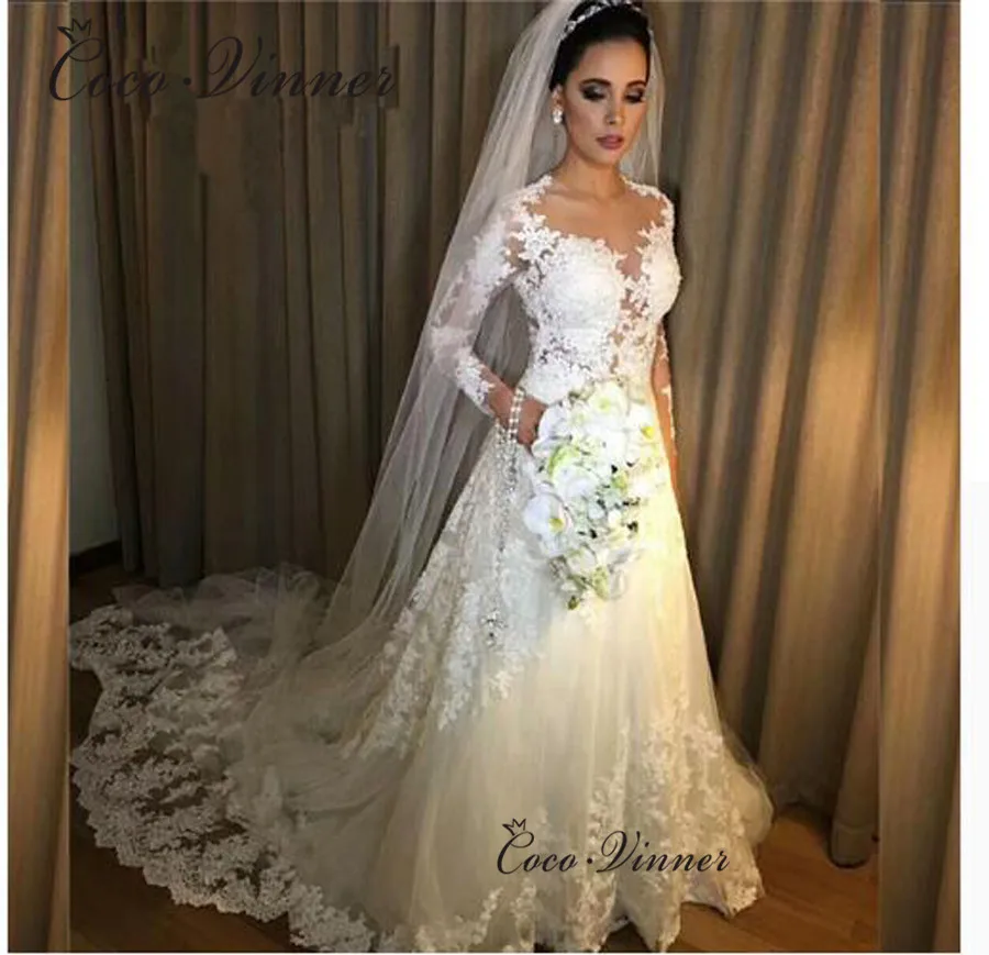 

Illusion Long Sleeves Appliques Embroidered Lace on Net A-line Lace Wedding Dresses Chapel Train Pure White Vestido W0450