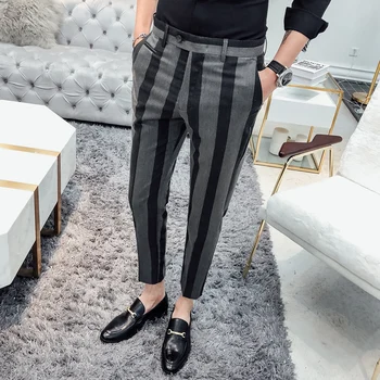 

2019 High quality cotton stripe Trousers Men Suit Pant Male Business Casual Slim Fit Ankle Length Pantalon Gray black 28-34