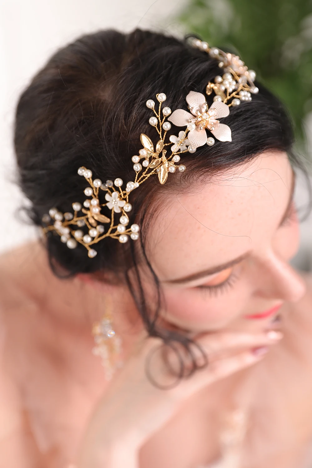 Gold Flower Crown and earrings Shiny Rhinestones Crystal Pearl women Hair Accessories Headwear Bridal Jewelry Sets