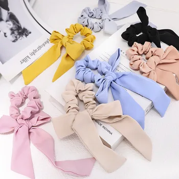 

4pcs/lot Solid Color Elastic Hair Band with Ribbon Bow Streamer Soft Hair Tie for Girls Chiffon Hair Accesrroies for Women