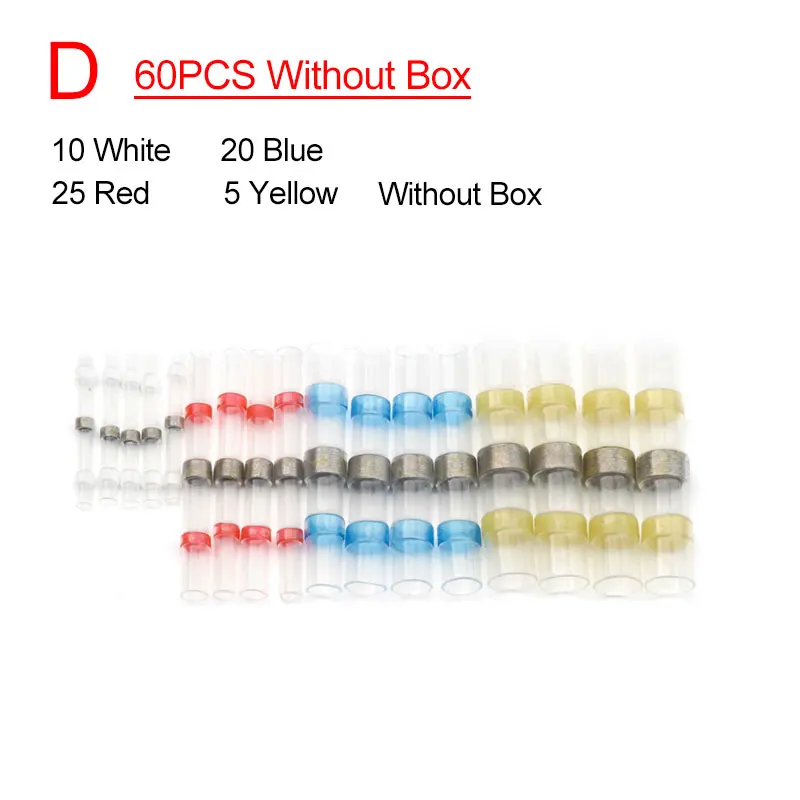 60pcs without box 50/60/75/100/200 шт Водонепроницаемый припоя рукава термоусадочные сращивания обжимных разъёмов,, 4 размера изолированного кабеля проволочные стыковые соединители - Цвет: 60pcs without box