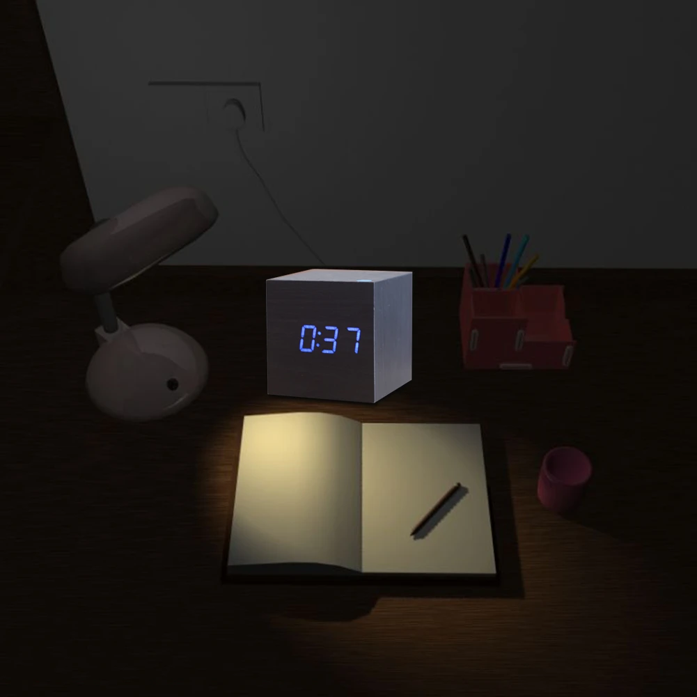 Цифровой термометр деревянный светодиодный Будильник Подсветка Голосовое управление дерево Ретро светящиеся часы настольный стол светящиеся будильники