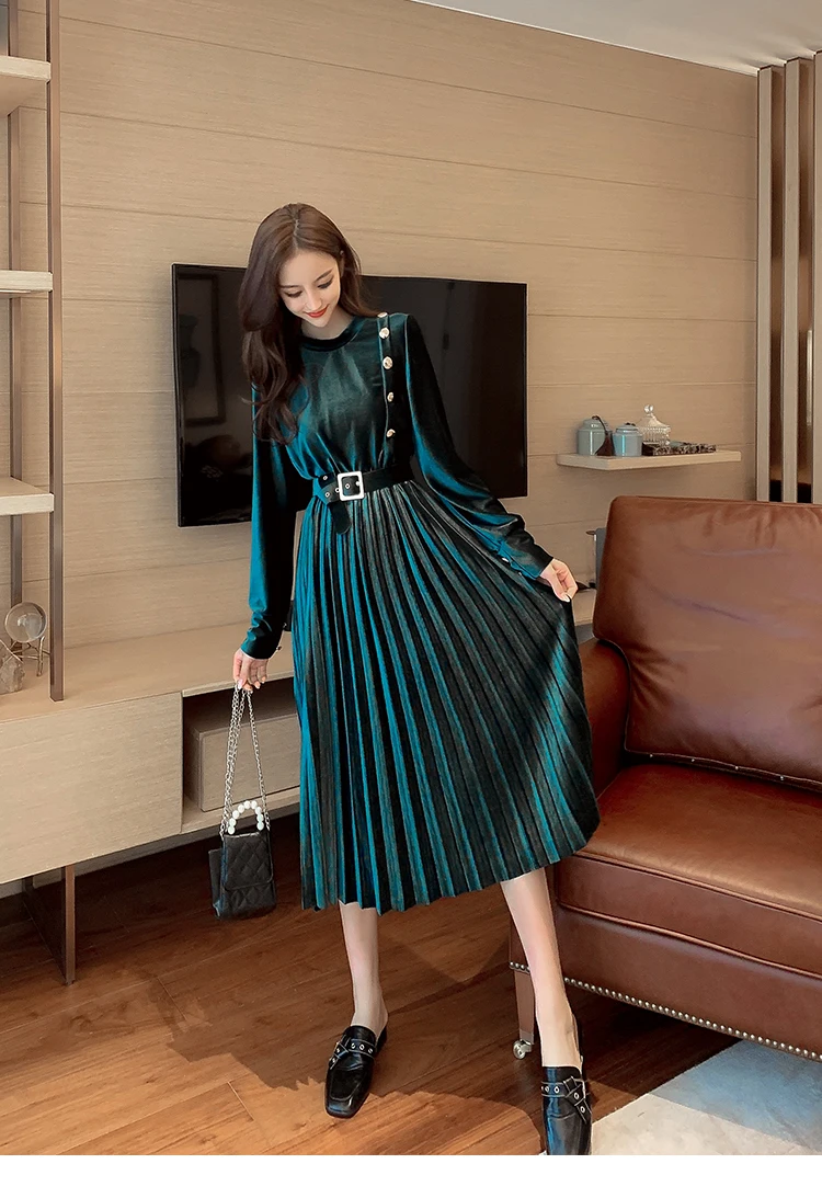 Dark green Весеннее и осеннее Золотое вельветовое модное корейское женское платье с О-образным вырезом, длинное ретро Тонкое плиссированное платье D9N104Q - Цвет: Dark green
