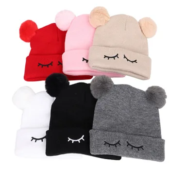 

Winter Children's Wool Hats Eye Bear Embroidered Double Hair Ball, Male and Female Child Warm Cap Baby Boy Hat