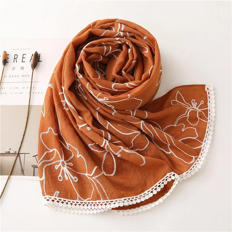 Herbst Winter Spitze Stich Floral Viskose Schal Dame Hohe Qualität Schals und Wraps Pashmina Stola Foulards Moslemisches Hijab 180*90Cm – Detail 6