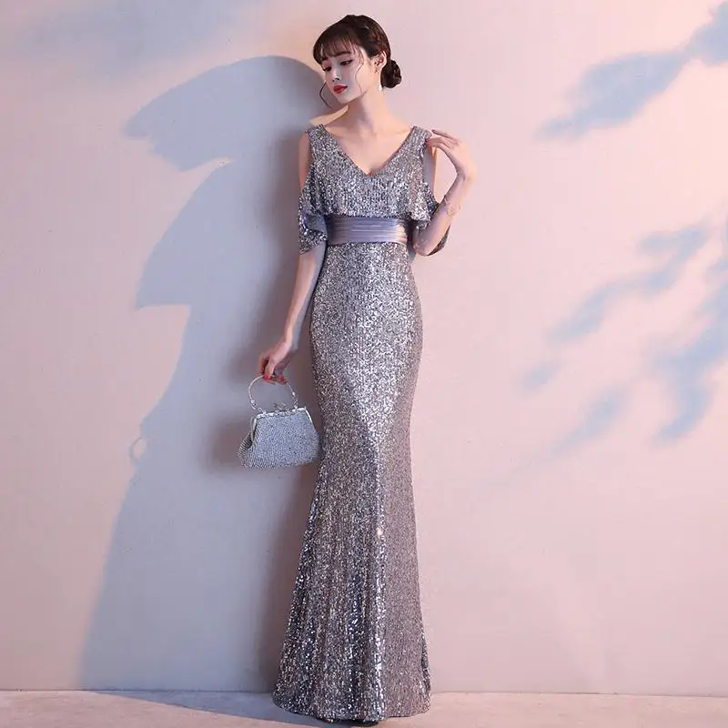 Изысканное женское платье цвета шампанского Qipao, сексуальное вечернее платье Cheongsam, элегантное тонкое китайское платье с v-образным вырезом, Vestidos De Festa - Цвет: Grey