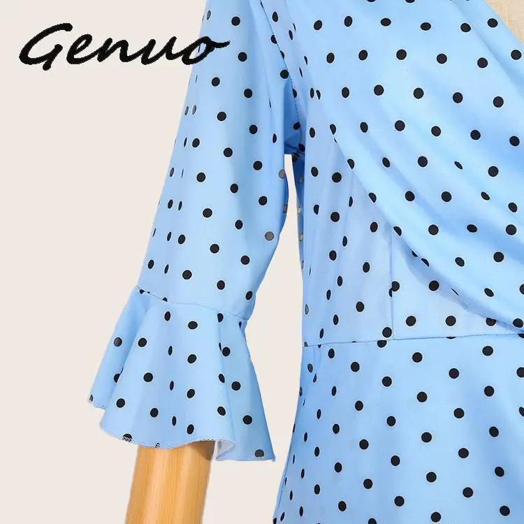Genuo, новинка, с расклешенными рукавами, в горошек, сексуальные, богемные, пляжные платья, мода, v-образный вырез, макси, подиум, платье, средний рукав, весна, Vestido