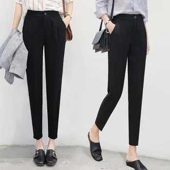 

Women black Pants Pencil Trousers Spring summer Button pocket office Pants Ladies Slim Chiffon Trousers Female High Waist Pants