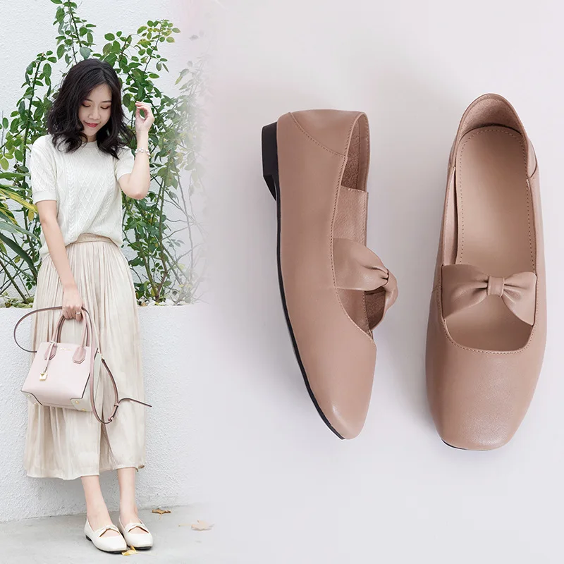 

2019 Spring New Style Square Head Low-top Shoes Shallow Mouth Shoes Retro Bow Bandage Cloth Peas Shoes Genuine Leather Women's F