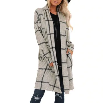 

Autumn Winter Wool Coat Women Long Sleeve Plaid Coat With Pockets Office Long Coats Fashion Lady Slim Turn-down Collar Blends