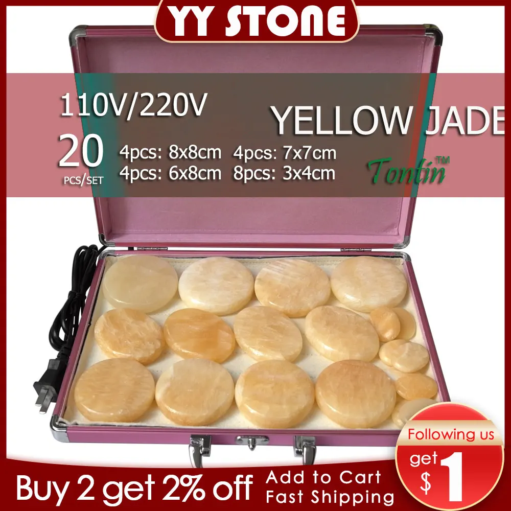 New Tontin 20 Pz/Set Yellow Jade Body Massage Hot Stone Face Back Massage Plate Salon Spa Con Riscaldatore Box