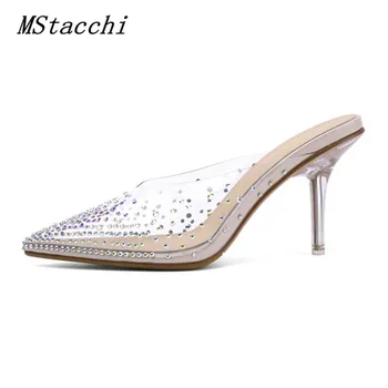 

MStacchi Sexy Transparency Slippers Rhinestone Flip Flops Women Slides Mules Pointed Toe Crystal Heel Shoes Zapatos Mujer 2020