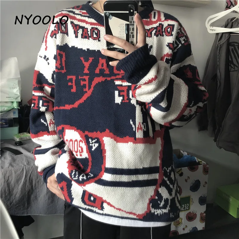 NYOOLO Harajuku, винтажные уличные рождественские вязаные свитера в стиле пэчворк, Осень-зима, пуловер с длинным рукавом и круглым вырезом, свитер для женщин и мужчин