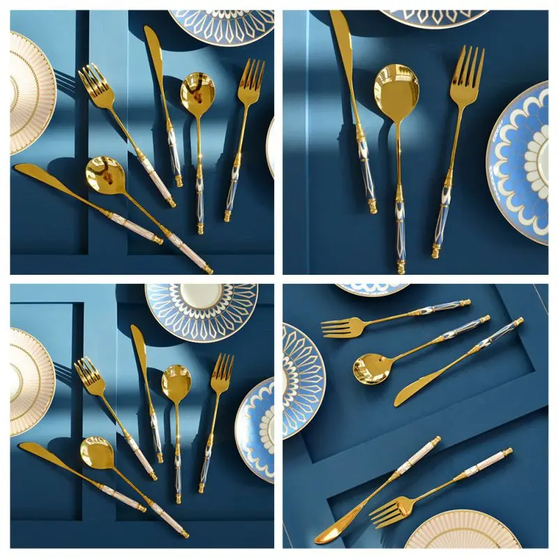 Description Picture 6 of item3Pcs/set Retro-style Ceramic Handle Dinnerware Sets 304 Stainless Steel Luxury Knife Fork Spoon Gold Flatware Cutlery Set