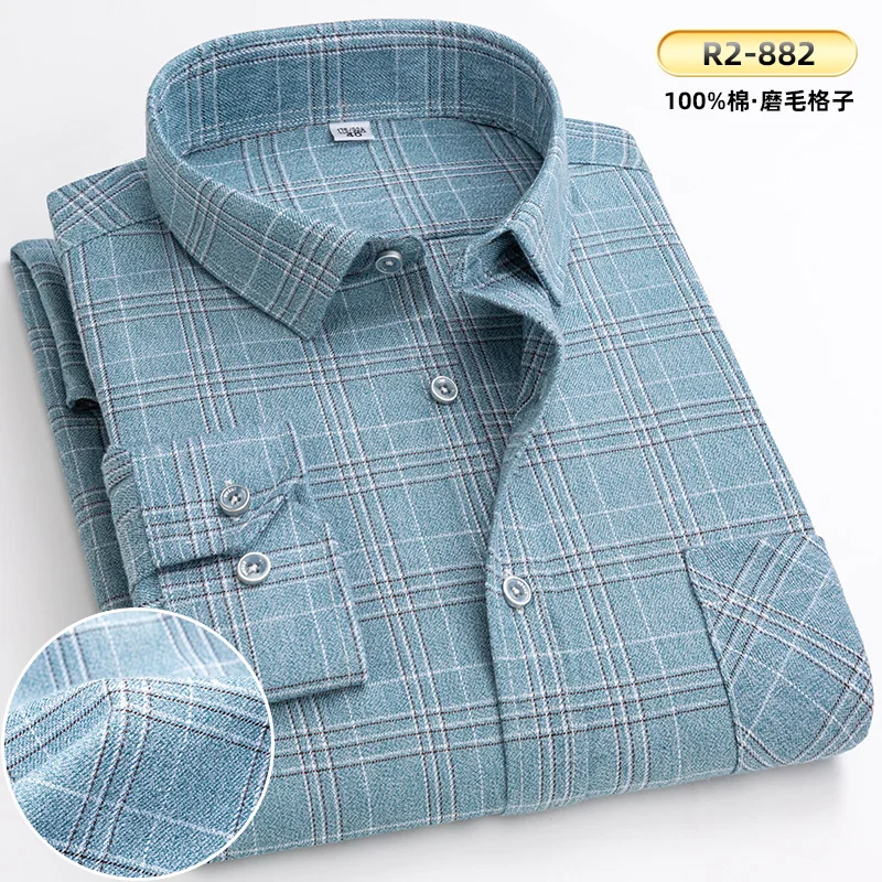 New Spring Autumn 100% Cotton Flannel Plaid Mens Shirts Casual Long Sleeve Regular Fit Home Dress Shirts For Man Clothes 6XL 5XL long short sleeve shirt