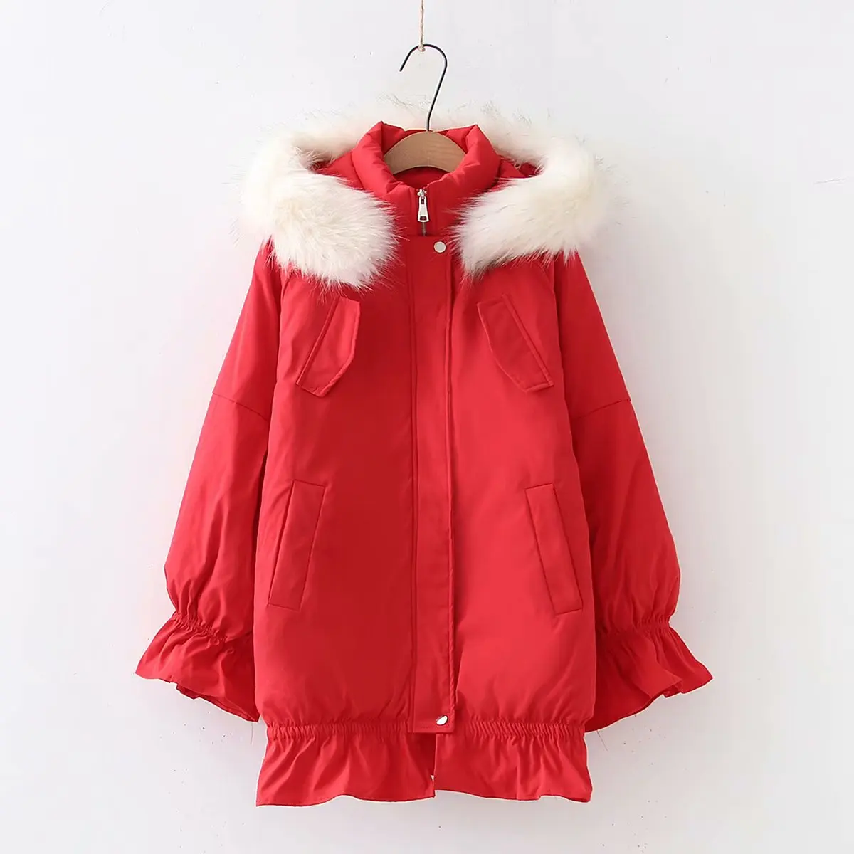 

Flounced Thick Cotton Coat Women's Korean-style Loose-Fit Cotton-padded Clothes Mid-length Large Fur Collar Rabbit Eared Hooded