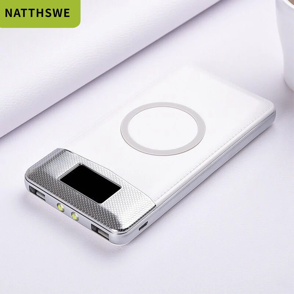 White NATTHSWE Qi Беспроводная зарядка Utral-thin Mini 30000 емкость Быстрая зарядка Мобильный Внешний аккумулятор портативный внешний аккумулятор Двойной USB - Цвет: White