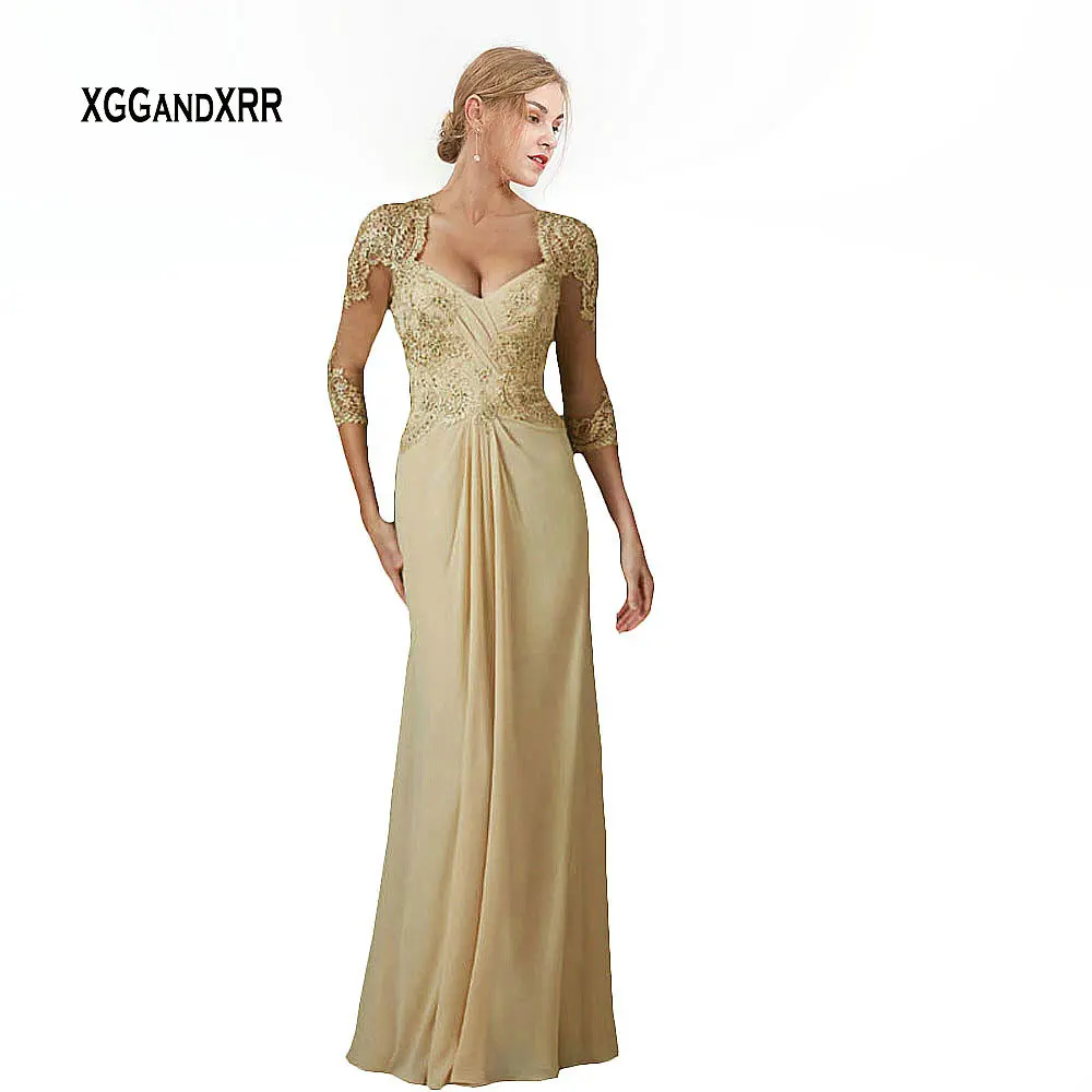 Champagne Applicaties Halve Mouwen Moeder van de Bruid Jurken voor Bruiloft Elegante Lange Chiffon Avondjurk Vrouwen Party Gown Champagne Applicaties Halve Mouwen Moeder van de Bruid Jurken voor Bruiloft Elegante Lange Chiffon Avondjurk Vrouwen Party Gown