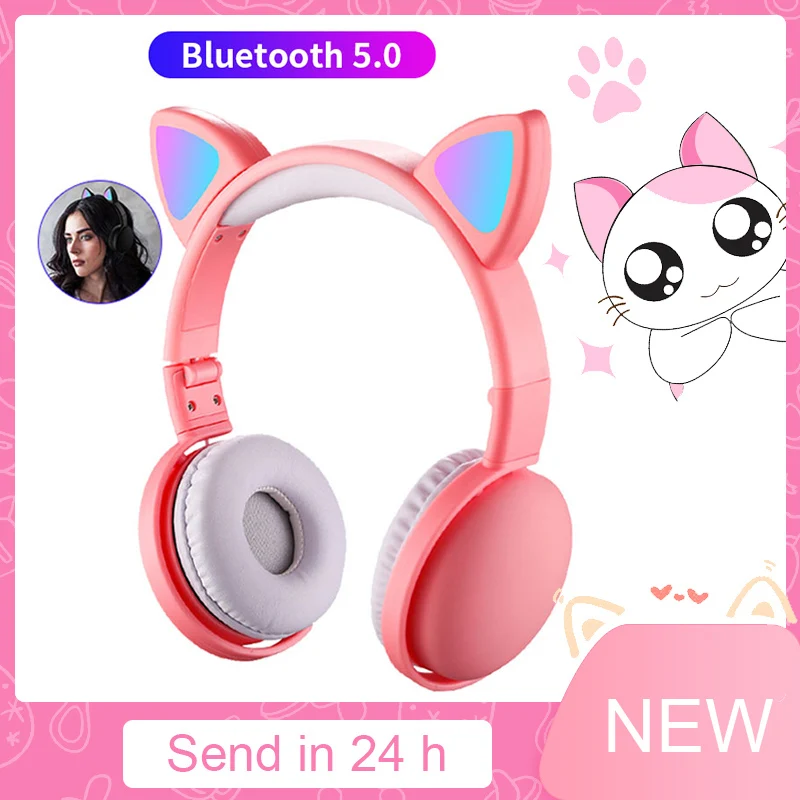 Cute Cat Ear Wireless Headphones Kids Girl Bluetooth 5 0 Music Stereo Headset Noise Cancelling Luz LED Earphones With Mic Gift