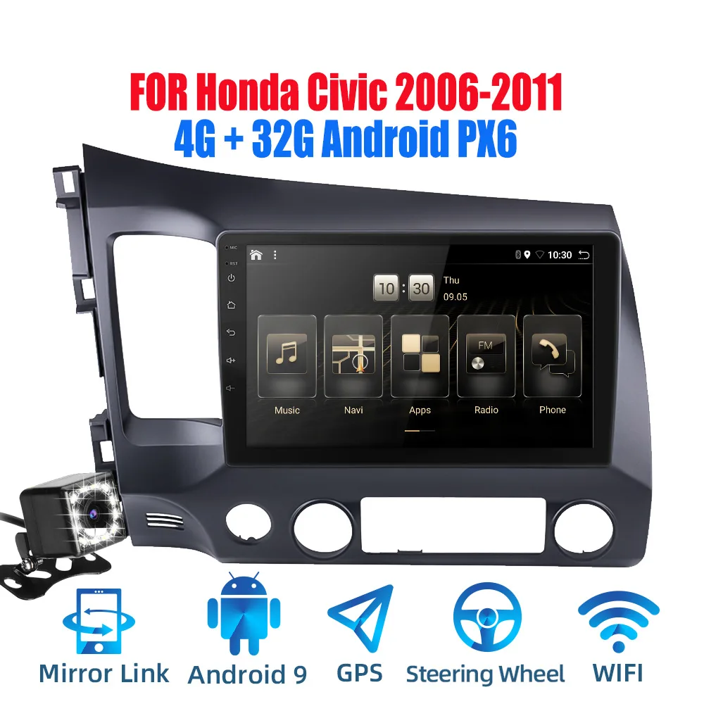2din Android 9,0 Ouad Core PX6 Автомагнитола стерео для Honda Civic 2006-2011 gps Navi Аудио Видео плеер Wifi BT HDMI DAB - Цвет: Android PX6 CAM