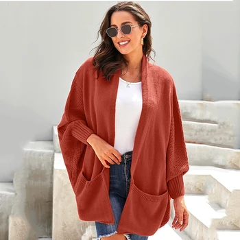 

New Autumn Winter Solid Color Sweater Women Cardigan Bat Sleeve Long Sleeve Mid-Length Loose Charm Casual Sweater Wholesale