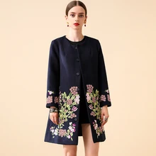 Зимнее длинное пальто с вышивкой, высокое качество, элегантное женское приталенное пальто с цветочным принтом и половинным рукавом O_neck