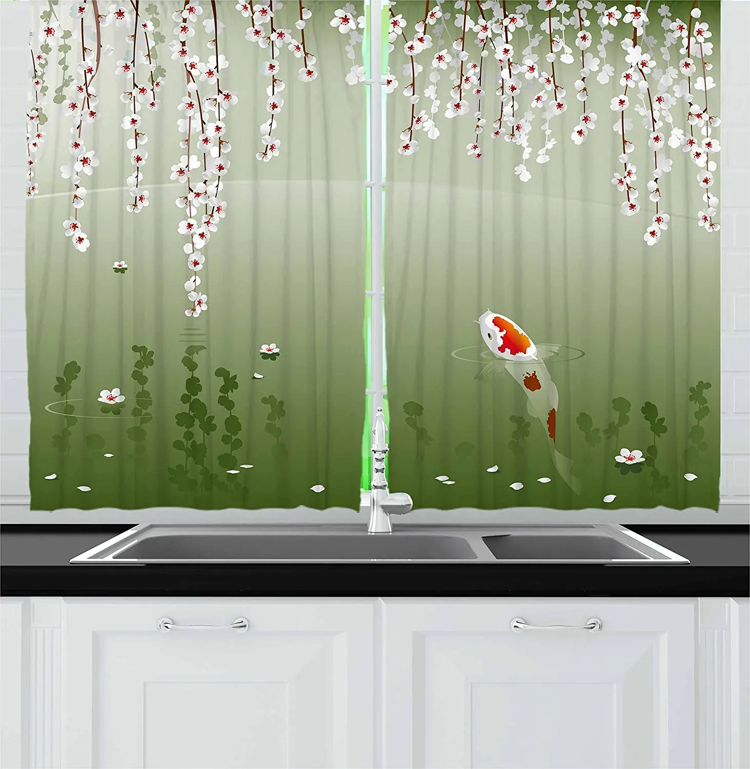 Koi Fish Kitchen Curtains Japanese Koi Fish Painting Style Hanging Cherry Flowers Floating
