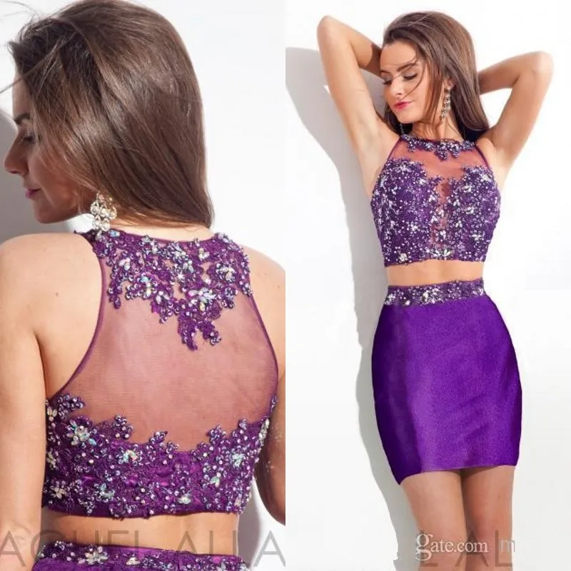 new Fashion Purple Tight Short Homecoming Beaded Appliques Two Piece Prom Sexy Party Gowns bridesmaid dresses