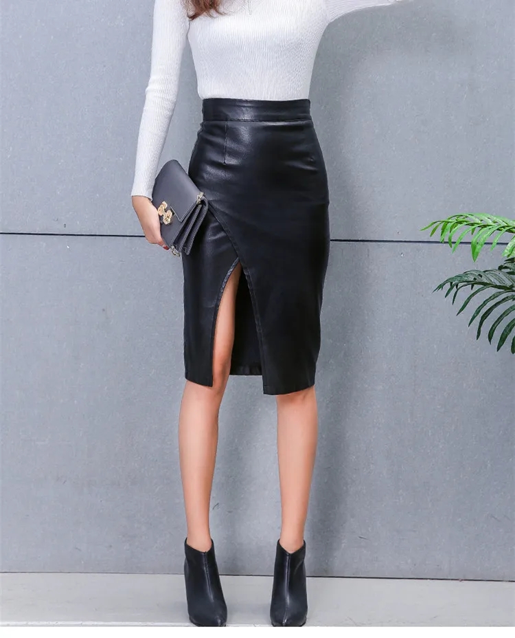 Новинка 2019, Женская юбка миди из искусственной кожи, черная, высокая талия, ассиметричная, сексуальная, с разрезом, облегающая