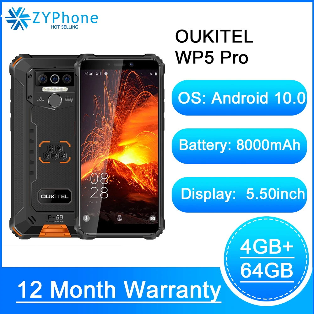 5 дюйма 4 Гб 64 IP68 Водонепроницаемый смартфон 8000 мАч Android 10 тройной Камера уход за
